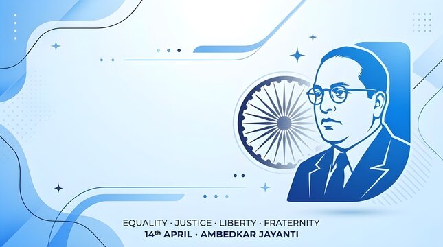 Dr. B.R. Ambedkar Writing the Constitution of India, Educational Illustration for Ambedkar Jayanti, Equality and Knowledge Concept on Blue Abstract Background.