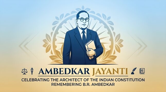 Ambedkar Jayanti Tribute Illustration with Dr. B.R. Ambedkar Silhouette and Equality Liberty Fraternity Quote on Elegant Blue Gold Background