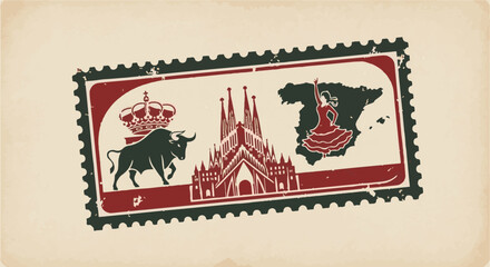 Obraz premium Retro stamp featuring Spanish icons bull, crown, iconic building, and flamenco dancer