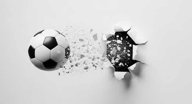 Soccer ball breaking through wall, shattered concrete, dynamic sports action, dramatic effect