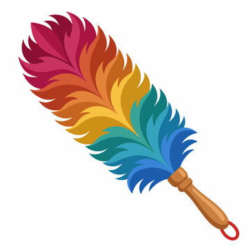 An artistic representation of a rainbow-colored feather duster featuring a vibrant array of feathers in captivating hues, perfect for cleaning or decorative purposes.