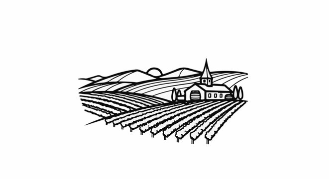 Rural landscape with a church and vineyard under a rolling hills sunset