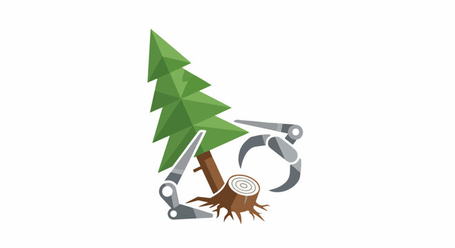 Robotic arms interact with a tree stump and a fir tree