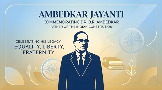 Ambedkar Jayanti Tribute Illustration with Dr. B.R. Ambedkar Silhouette and Equality Liberty Fraternity Quote on Elegant Blue Gold Background