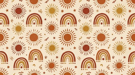 Fototapeta premium Bohemian sun and rainbow pattern with warm earthy tones, perfect for textile design or wallpaper.