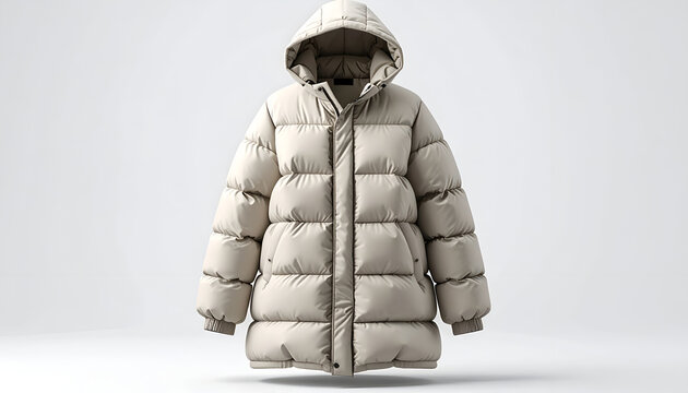 Beige, long, hooded puffer jacket. Studio shot on white background, puffy design, warm winter wear