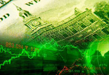 Fototapeta premium Dollar texture with green stock chart. Currency pairs, money, and the American economy.