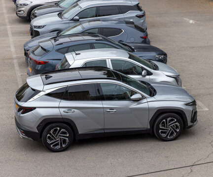 Hyundai Tucson compact suv front car in row of parked suvs top view. 22 Jan 2026. Givatayim, Israel