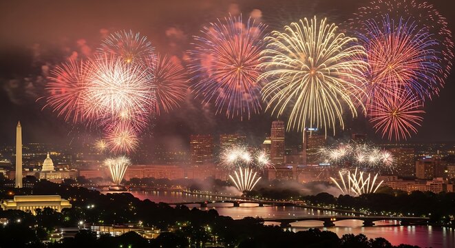 4th of july fireworks display over city skyline on independence day celebration
