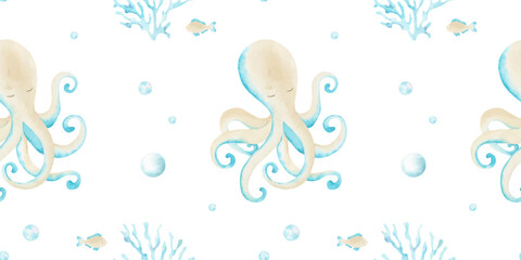 Octopus, fish, coral reef and bubbles watercolor hand drawn kids seamless pattern. Baby background with marine underwater inhabitant. Children undersea print ocean animals for fabric, bedding, linen © Fedulova_art