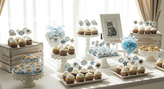 A variety of decorated cupcakes on display.