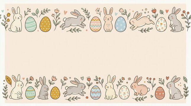 Charming Easter border with bunnies and decorated eggs, perfect for spring celebrations.