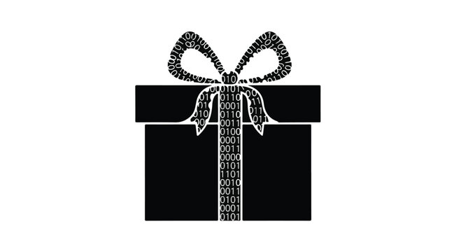 Black gift box with a patterned ribbon and bow sits on a plain white background.