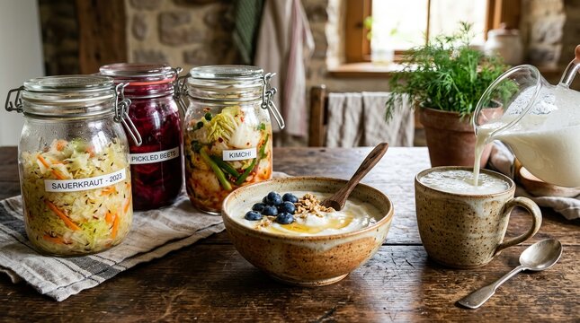 Healthy fermented foods and yogurt bowl with berries on a rustic wooden table