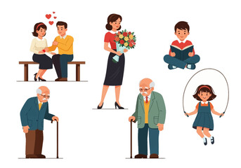 Fototapeta premium Vector Character Set of People in Different Life Stages: Children, Young Adults, and Seniors Engaged in Daily Activities like Reading, Playing, and Dating on White Background