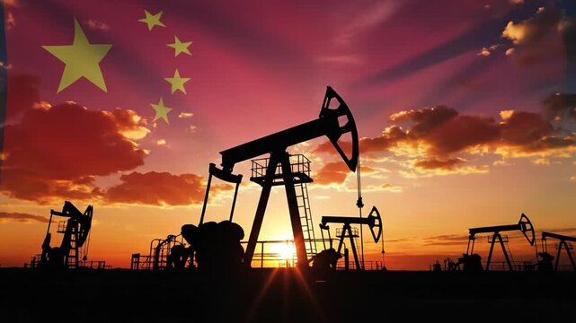 Chinese flag over oil pump jacks at sunset in oil field