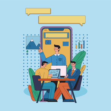 Business team having meeting and brainstorming with charts and data on giant smartphone screen and laptops flat vector illustration for teamwork collaboration and office work concept