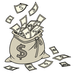 A detailed illustration depicts a overflowing bag of money with dollar bills scattered around symbolizing wealth and financial abundance © md munna