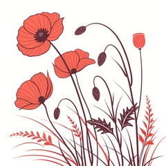 Naklejka premium A stylized illustration depicts several vibrant red poppies with dark centers accompanied by slender stems and delicate foliage high quality