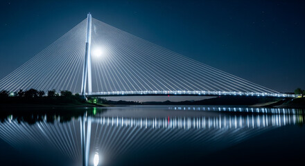Obraz premium Illuminated cable-stayed bridge reflects beautifully on calm water at night