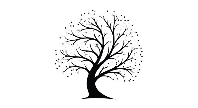 Black silhouette of a mature tree with intricate branches and a canopy dotted with small circular elements.