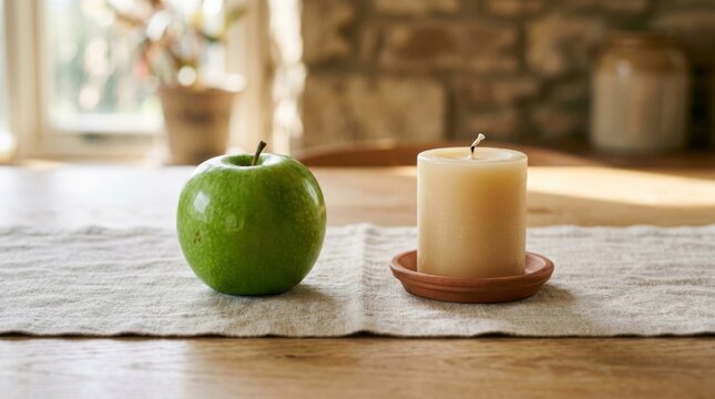 Fresh green apple and unlit candle create a simple, natural centerpiece on a textured surface.
