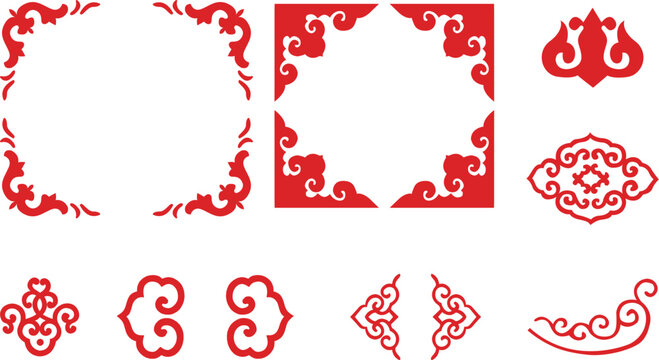 Collection of traditional Chinese red decorative corner elements and symmetrical patterns with cloud and swirl motifs vector design isolated on white background for festive decor and invitation cards.