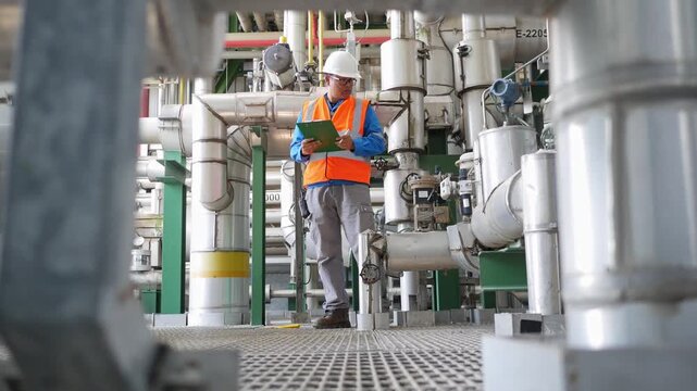 Professional engineer analyzing and checking refinery machinery and process systems, illustrating industrial maintenance, safety standards, and reliable production control in the energy sector.