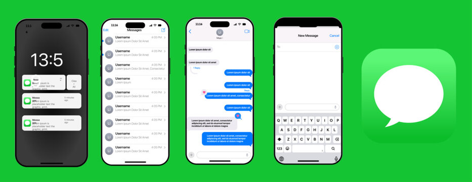 iPhone Messaging App UI Screens with Notifications and Chat Interface