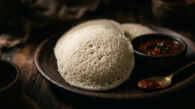 Delicious fluffy idlis served with spicy sambar on a rustic wooden table