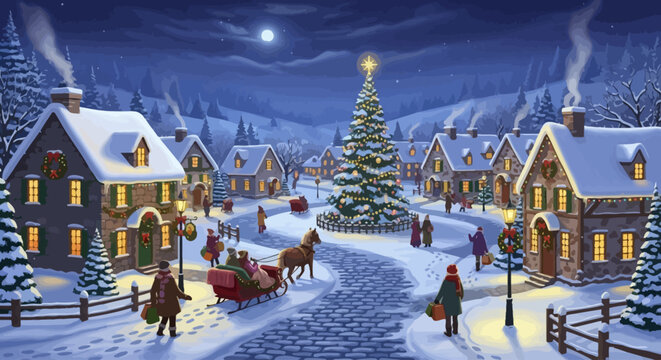 Winter Celebration, Christmas Village, Snowy Landscape, Illustration, Festive Environment, Night View, Joyful Concept