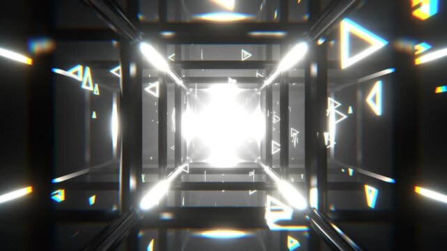 Black and White Futuristic Neon Tunnel with Floating Triangles and Light Beams Background VJ Loop in 4K