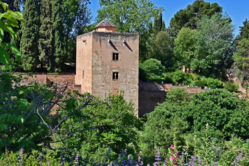 Fototapeta premium Granada, giardini e roseti in fiore dell'Alhambra, Andalusia, Spagna