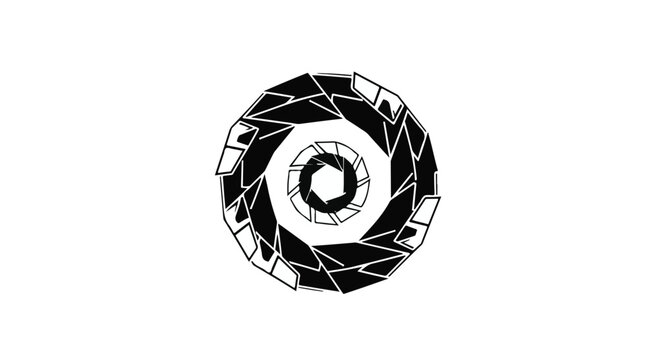 Geometric abstract circular pattern composed of sharp, angular black shapes resembles a mechanical aperture or iris.
