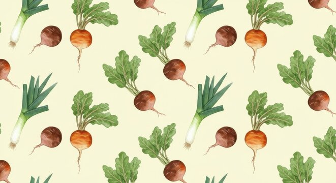 Watercolor garden veggies leeks  beets in a pale yellow patterned field
