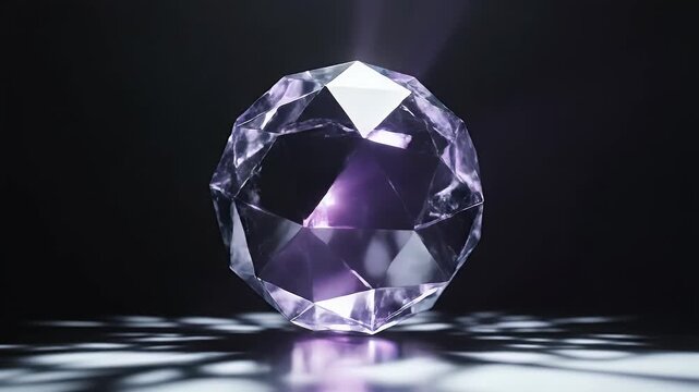 A faceted, transparent crystal object with internal fractures, casting a patterned shadow