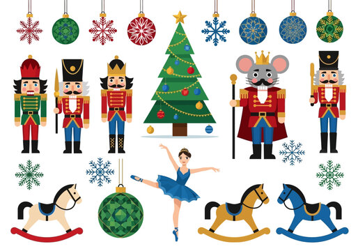 Nutcracker Ballet Christmas Illustration Set Featuring Nutcracker Soldiers, Mouse King, Ballerina, Decorated Tree, Rocking Horses, and Festive Ornaments