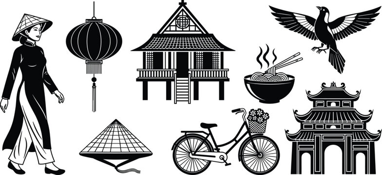 Vector Silhouette Collection of Vietnamese Cultural Icons Featuring Woman in Ao Dai, Conical Hat, Traditional Temple, Lantern, Pho Noodle Bowl, Bird, and Bicycle