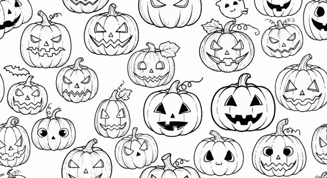 Black and white illustration of various carved Halloween pumpkins.