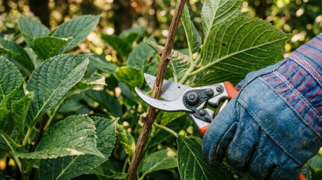 Close-up of gloved hand holding orange secateurs to prune a branch amidst lush green foliage
