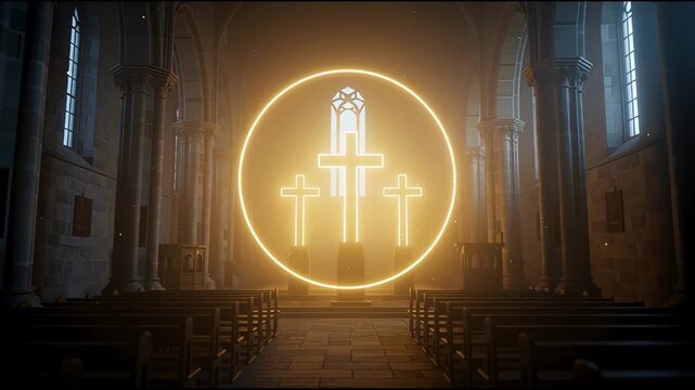 Entering a serene church interior with glowing circular symbol and crosses