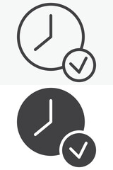 Clock Check Mark icon in line, outline and solid style. Editable stroke vector sign and symbol set for time use, with clock check mark icon in simple versions.