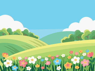 Fototapeta premium Landscape panorama. Nature, a field in the distance, plants and flowers in the foreground, and a cloudy sky. Vector illustration.