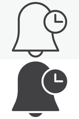 Bell Clock Notification icon in line, outline and solid style. Editable stroke vector sign and symbol set for time use, with bell clock notification icon in simple versions.