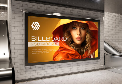 Large Horizontal Billboard on White Underground Wall Mockup