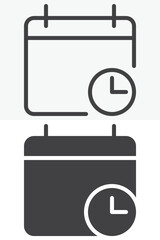 Calendar With Clock icon in line, outline and solid style. Editable stroke vector sign and symbol set for time use, with calendar with clock icon in simple versions.