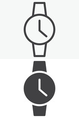 Round wristwatch icon in line, outline and solid style. Editable stroke vector sign and symbol set. Round wristwatch icon shows a wearable clock with strap.