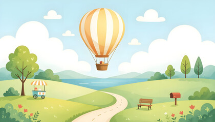Hot air balloon flying over a peaceful summer landscape vector illustration watercolor art, summer travel concept. Dreamy travel concept illustration: hot air balloon soaring above a lake. © bikram