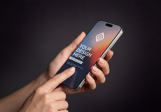 Modern Smartphone in User&rsquo;s Hand on Black Mockup