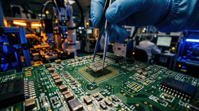 Gloved hand holding tweezers carefully places a microchip onto a complex green circuit board in a technological manufacturing setting.